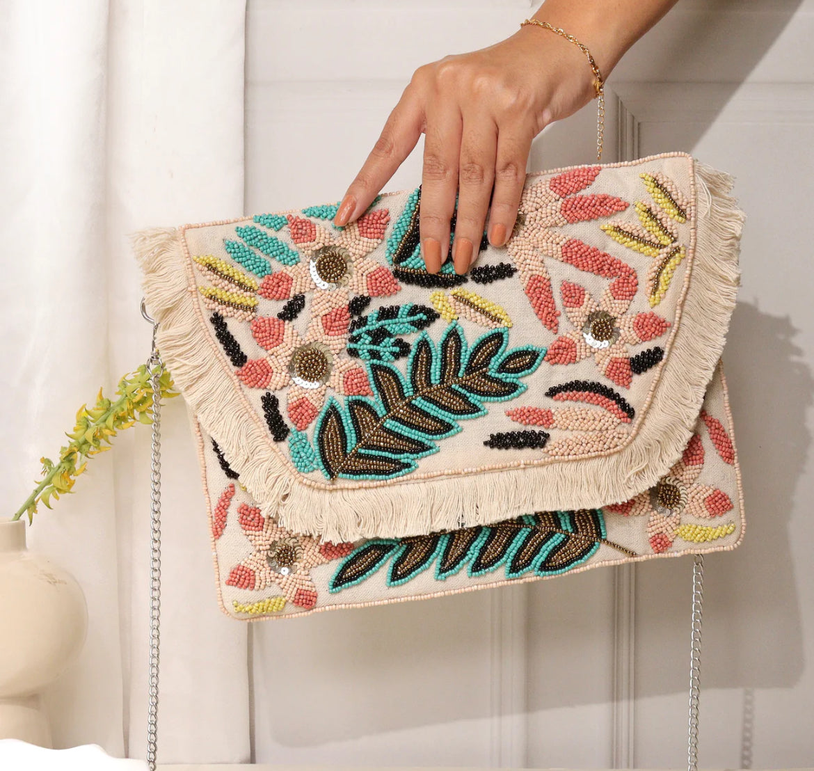 White Lily|| Hand Embroidered Boho Sling Bag
