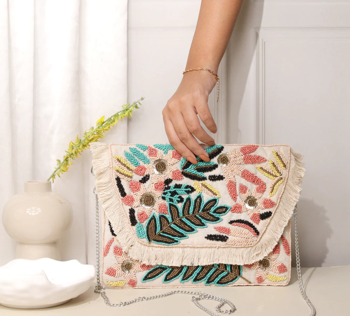 White Lily|| Hand Embroidered Boho Sling Bag