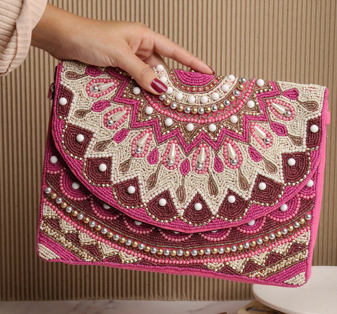Beaded Pink|| Hand Embroidered Boho Sling Bag