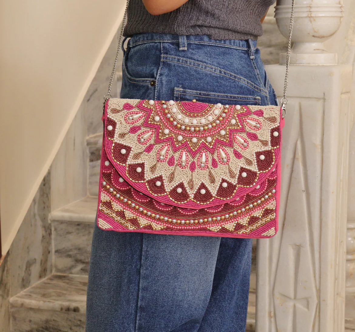 Beaded Pink|| Hand Embroidered Boho Sling Bag