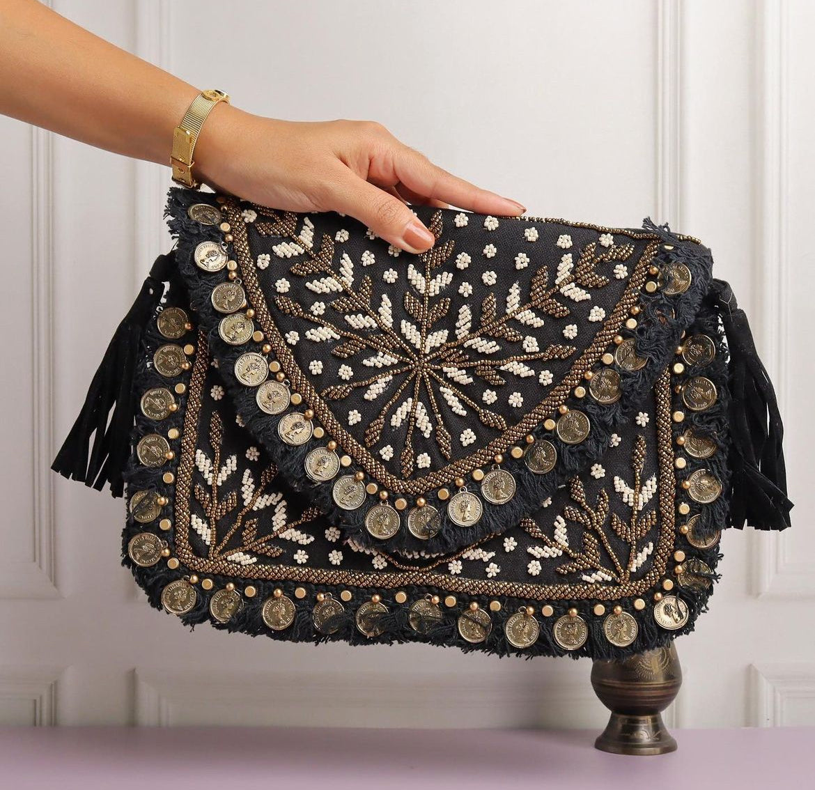 Black Majesty|| Hand Embroidered Boho Sling Bag