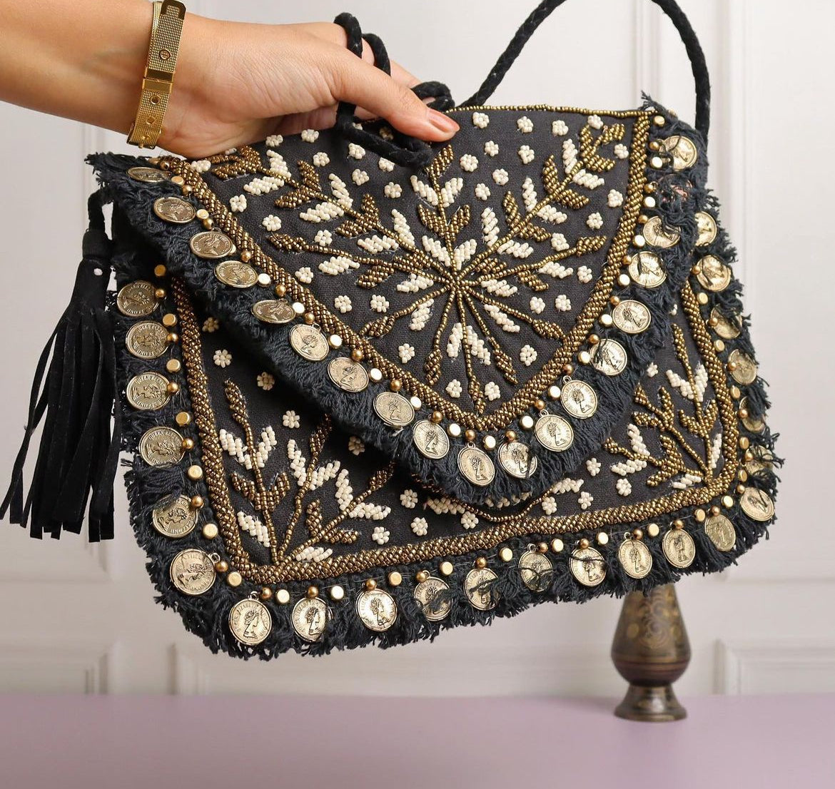 Black Majesty|| Hand Embroidered Boho Sling Bag